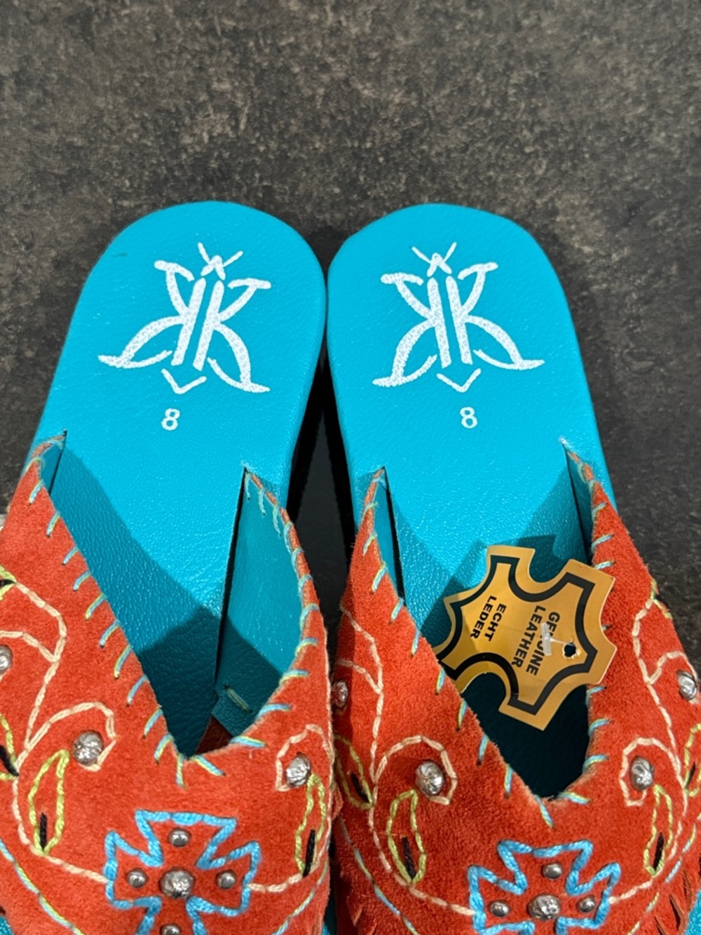 Turquoise Footbed Sandal with Orange Fringe Embroidery and Concho Studs Size 8 - Picture 8 of 9